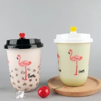 50pcs net red flamingo disposable coffee cup 500ml transparent packaging juice yogurt pudding cake dessert plastic cup with lid