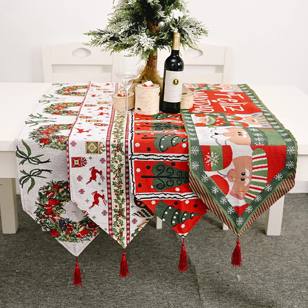 

1Pcs Xmas Table Runner Flags Knitted Cartoon Pattern With Tassel Dust Cover Coffee Tea Desk Banquet Home Christmas Decorations