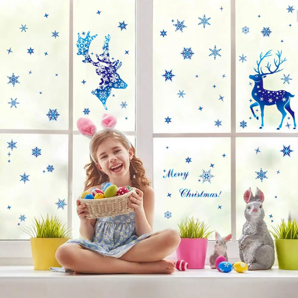 

Electrostatic Film Blue Snowflake Elk Films Christmas Decoration Elk Snowflake Sticker For Glass Window Decoration