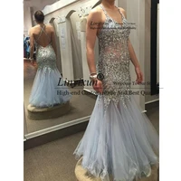 new plus size prom dresses see through sexy luxury beaded crystal long v neck backless mermaid party formal evening gowns