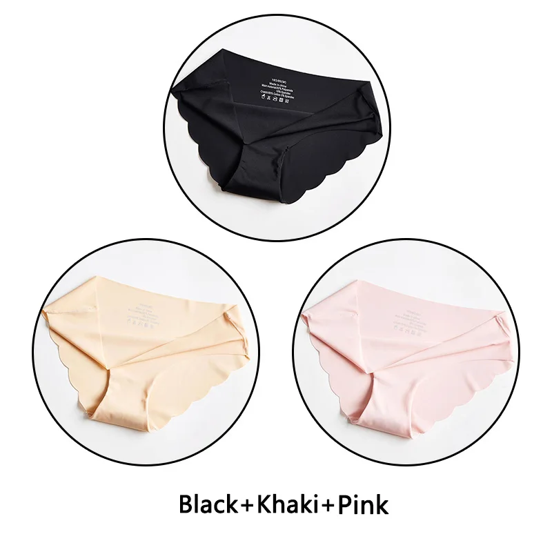 Black Khaki Pink 3 шт. ультра тонкие мягкие женские трусики бесшовные трусы сексуальные оборки Нижнее белье Женские однотонные трусики 7 цветов Нижнее белье с низкой посадкой нижнее белье - Цвет: Black Khaki Pink