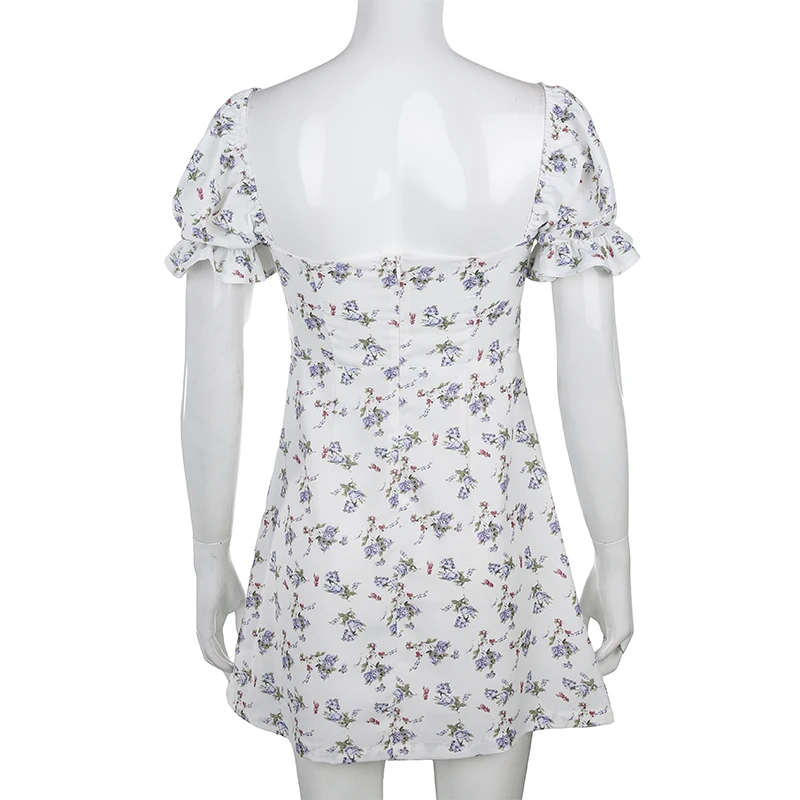 Waatfaak White Casual Floral Women Dress Bandage Ruched Summer Mini Office Puff Sleeve High Street Aline Ladies Dresses | Женская одежда
