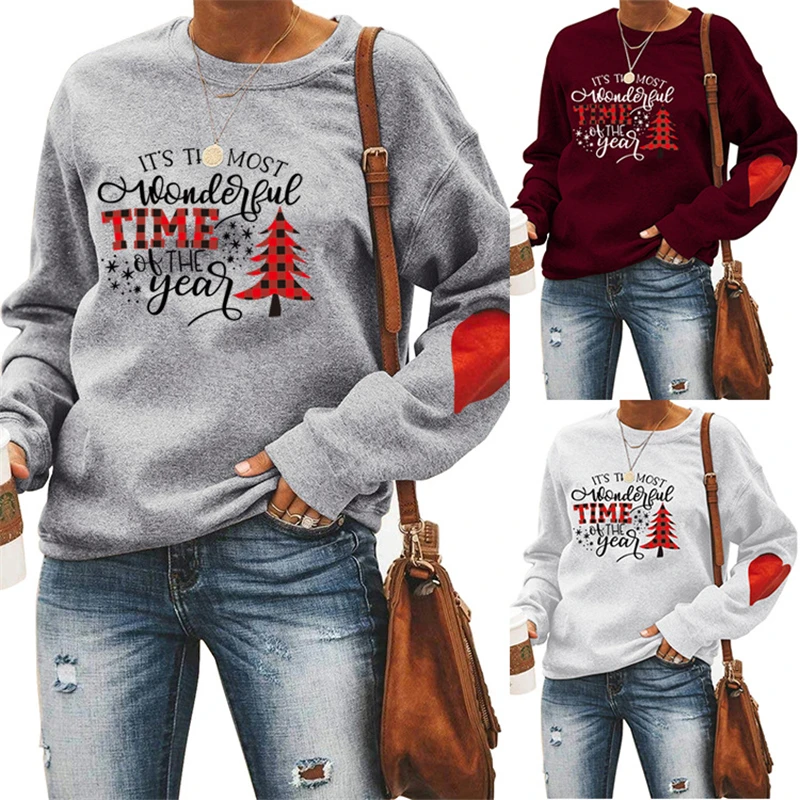New women's casual sweaters, sports Christmas letters it's the most WONDESGGUE TIME long-sleeved pullover with love printing