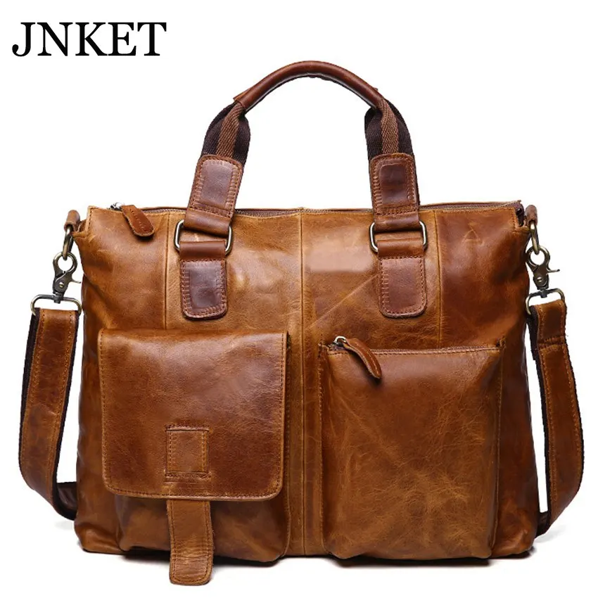 JNKET New Retro Men Cowhide Handbag Large Capacity Messenger Bag Business Bag Multifunction Shoulder Bags