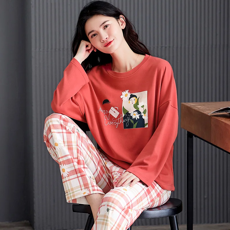 

Women Nightgown Cotton Pajama Set Plus Size Loose Version Round Neck Pullover Pajamas Fall Sleepwear Intensification Pyjamas