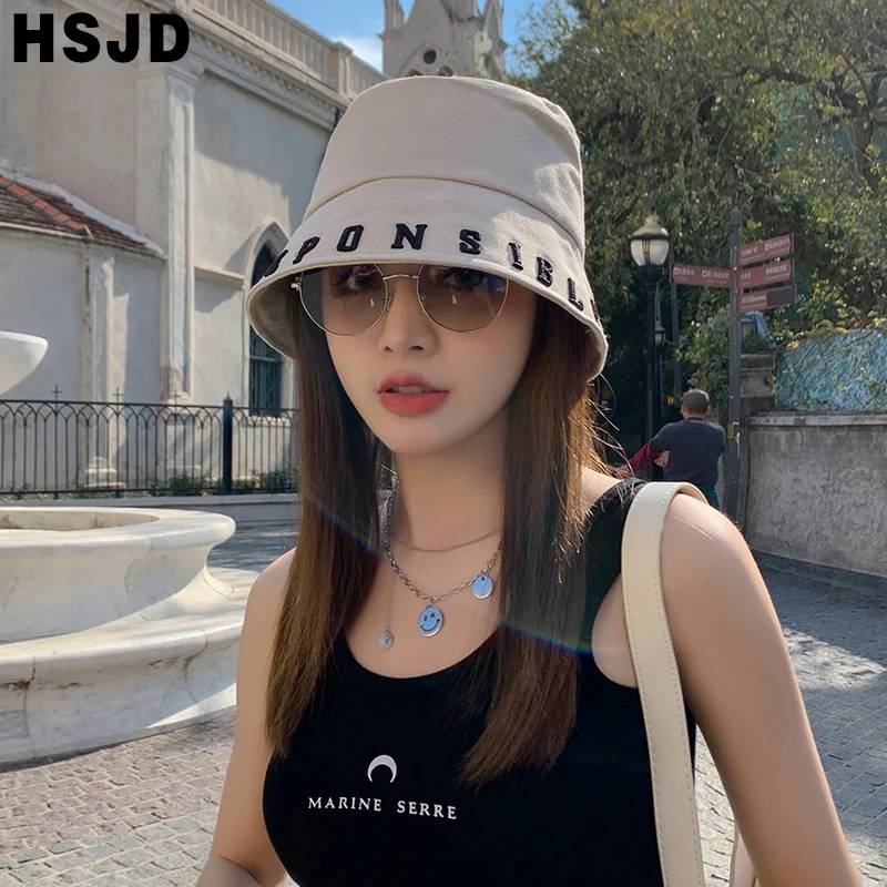 

New Korean Fashion Letter Embroidered Flat Top Buckets Hat Summer Women Panama Fisherman Hat Wide Brim Foldable Outdoor Sun Caps