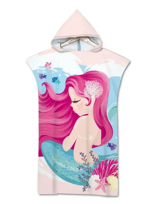 

Cute Mermaid Print Microfiber Wetsuit Changing Robe Poncho Hood Beach Towel Qick Dry Hooded Towels For Swim Beach Surf Beachwear
