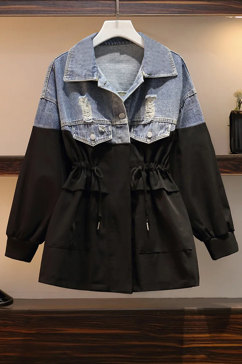 4XL Осенняя Новая модная длинная джинсовая куртка ветровка с дырками|Женские