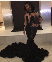 sexy black lace evening dresses black girl sheer mermaid long sleeves see through big train evening party gowns formal dresses
