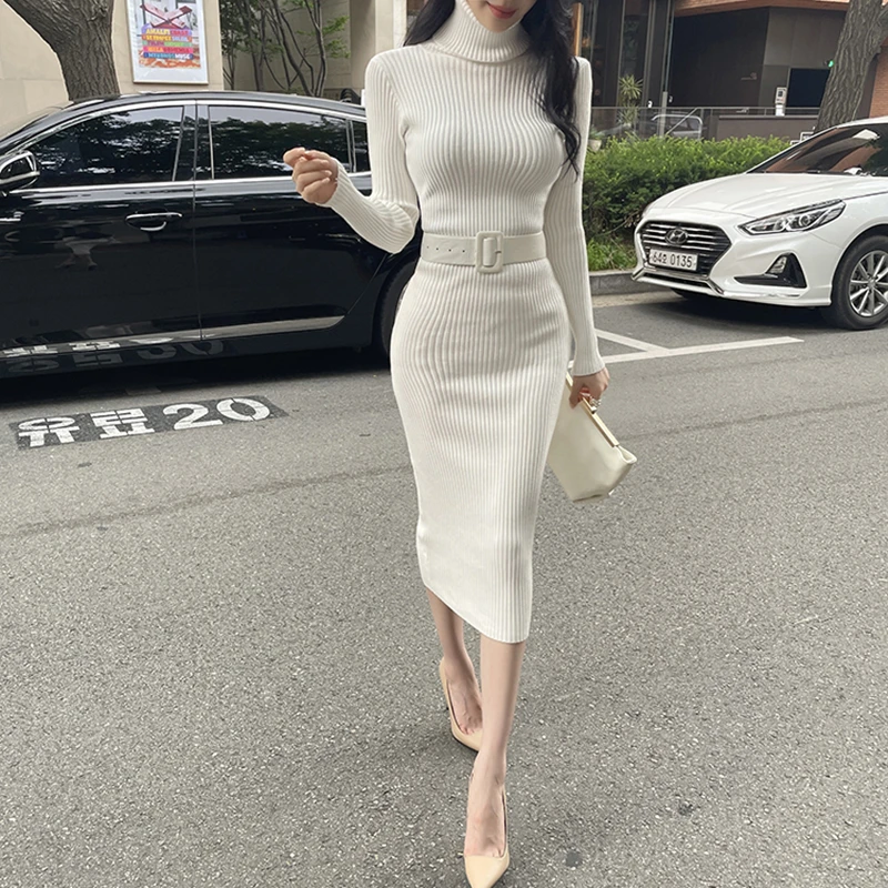 

Women Winter Bodycon Sweater Dress Knitted Turtleneck Waistbelt Long Dresses OL Slim Vestido