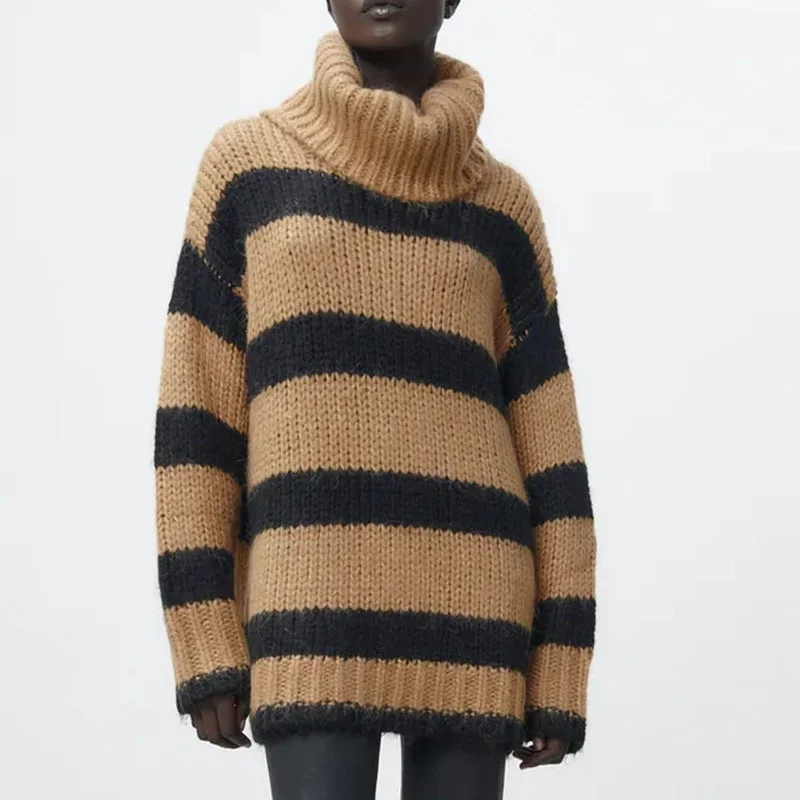 

Color Contrast New Lazy Style Loose Large High Neck Oversized Striped Knitted Sweater Women Clothes 2020 Korean Fashion Sweater