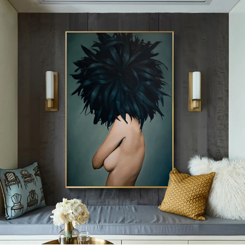 

Fashion Posters and Prints Sexy Nude Girl Feather Canvas Painting Wall Art Pictures for Living Room Portrait Home Decoration