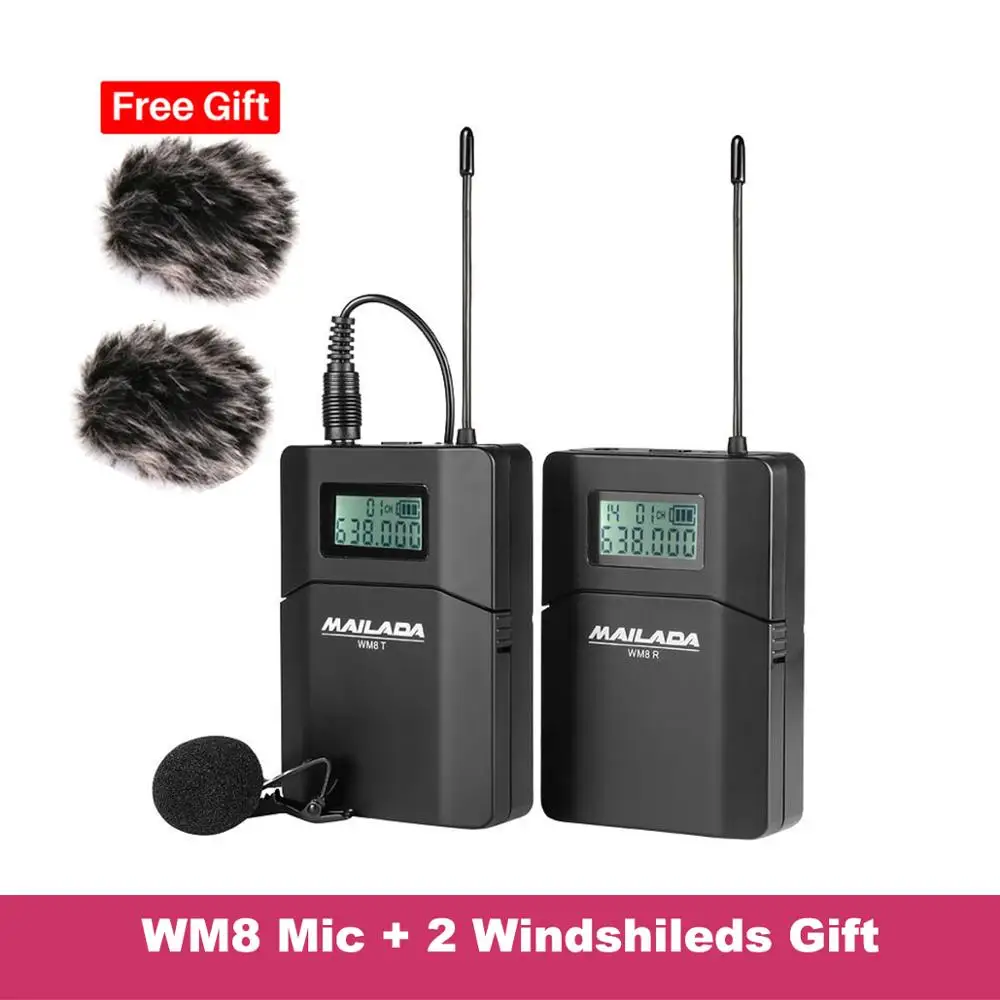 with 2 Windshields Mailada WM8 Профессиональный UHF беспроводной микрофон система видео запись петличный нагрудный микрофон для iPhone DSLR рекордер интервью - Цвет: with 2 Windshields