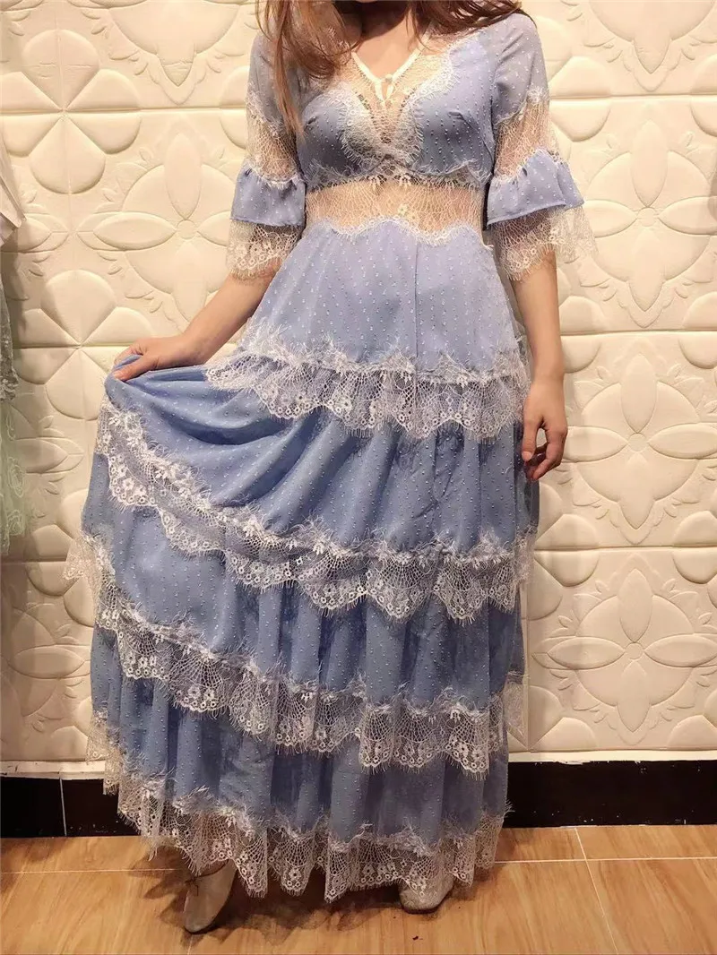 

COLOREE 2019 Runway Designer Women Lace Long Dress Sexy See Through Patckwork Blue/White Dress For Female New Fashion Vestidos