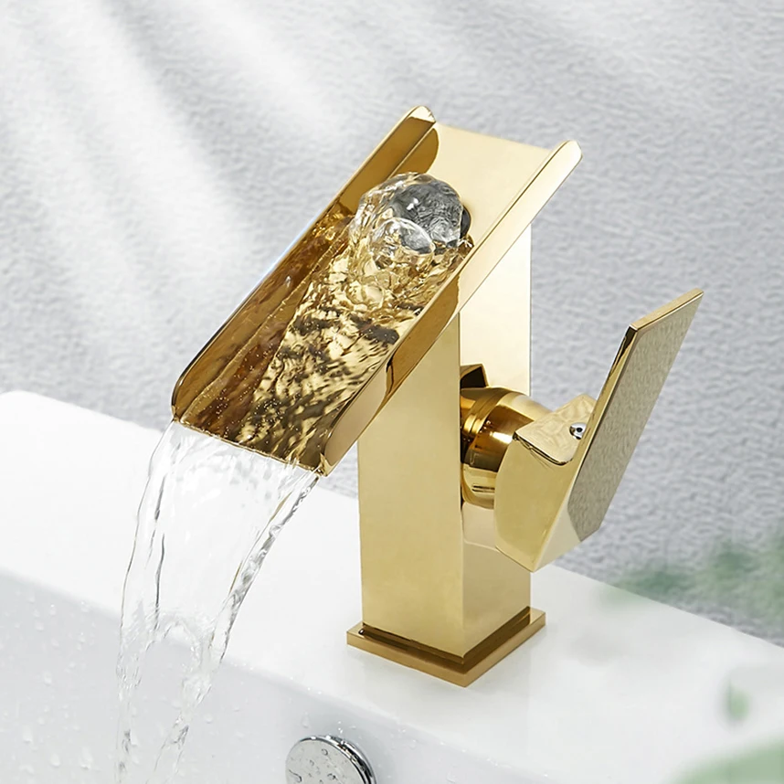 

Смеситель для раковины, золотистый латунный кран «Водопад», для ванной комнаты, с одним отверстием, черный цвет, винтажная модель