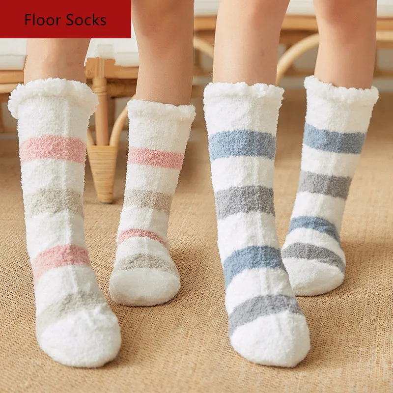 Woolen Women Knitted Warm Sock Winter Thicked Non-Slip Women Socks Striped Female Bedroom Sleep Carpet Floor Socks