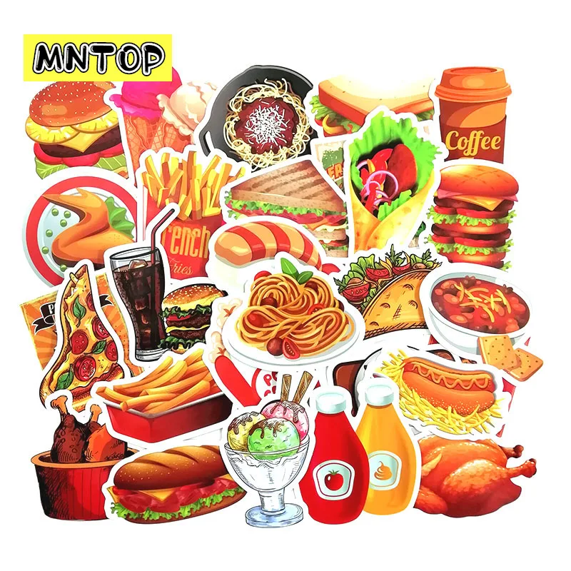 10/30/50pcs/lot Delicious Food Hamburger And French Fries Pizza Stickers For Refrigerator Motorcycle Skateboards Children