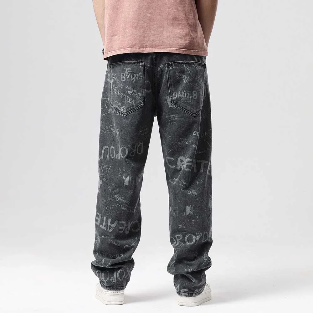 Fashion Printed Cargo Jeans Men's Casual Pants Straight Loose Baggy Skateboard Wide Leg Denim Hiphop Harem Clothing Plus Size