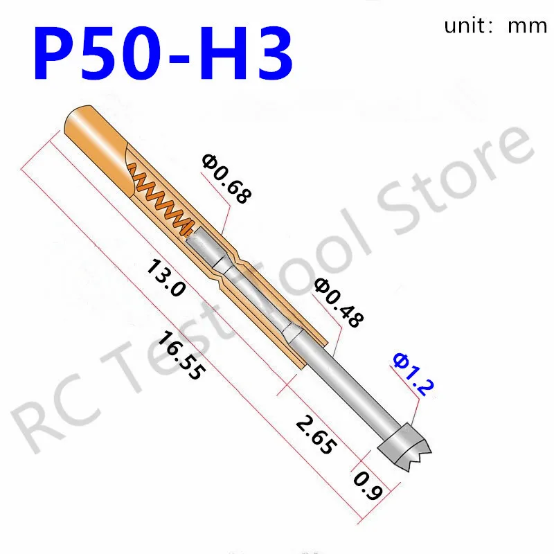 100PCS  P50-H3 Copper Metal Probe Nickel Plated Spring Test Pin Test Probe Length 16.55mm Test Accessories Probe P50-H