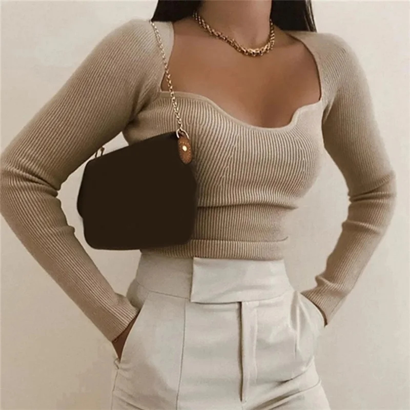 

2021 New Women Knit Sweater Top Long Sleeve Heart-neck Casual Fashion Woman Slim-fit Tight Knitted Sweaters Pullover Tops