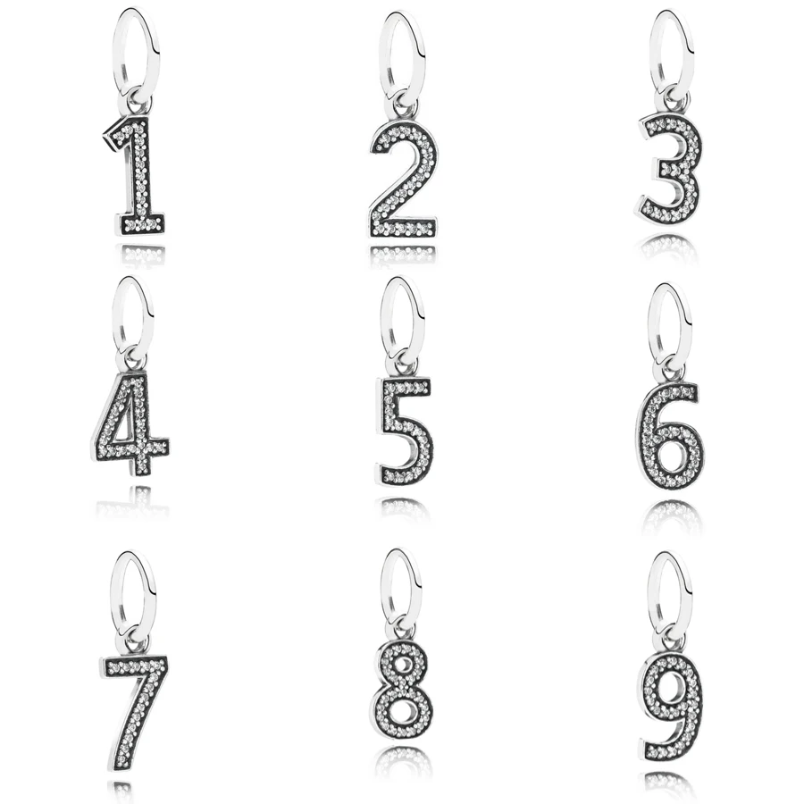 

2020 New Real 925 Sterling Silver Number 1-9 Dangle Charm Fit pandora Bracelet Bangle Pendant charm DIY Jewelry