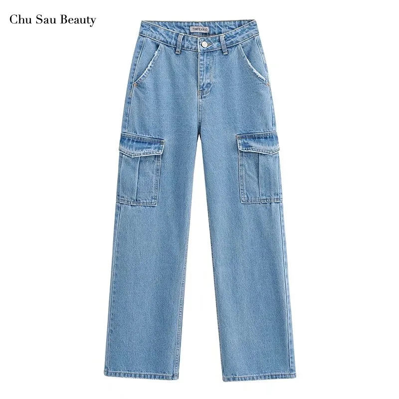

Chu Sau Beauty New ZA Women High-Waisted Wide-Leg Loose Denim Trousers Fashion Pocket Decoration Overalls Casual All-Match