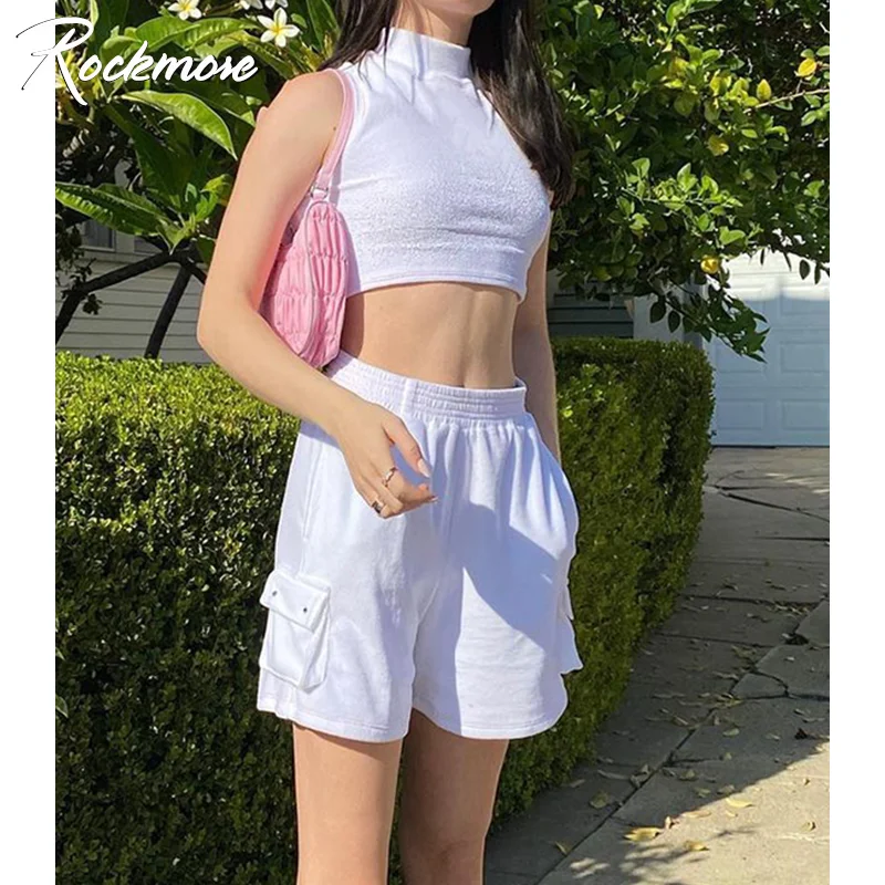 

Rockmore Summer Pocket Casual Shorts Women White SweatPants Solid Cotton Sport Shorts Harajuku High Waist Short Pants Joggers