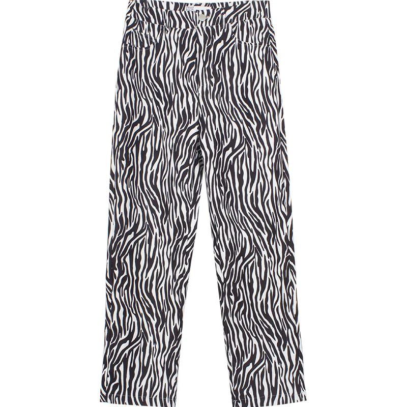 Брюки женские прямые в американском стиле черные с узором зебры тонкие