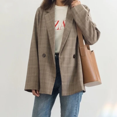 Женский коричневый клетчатый пиджак новинка 2020 Модный женский офисный костюм