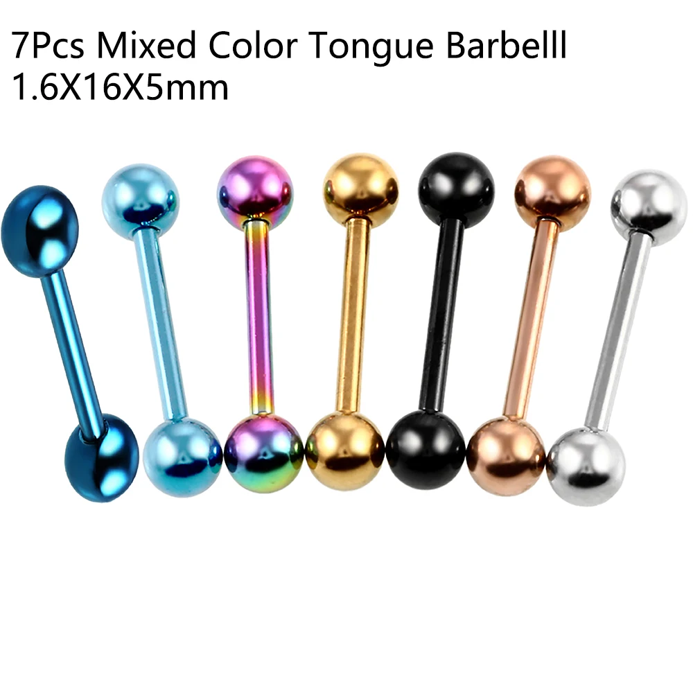 7pcs 14g хирургические Сталь Титан анодированный язык прямой штангой из нержавеющей