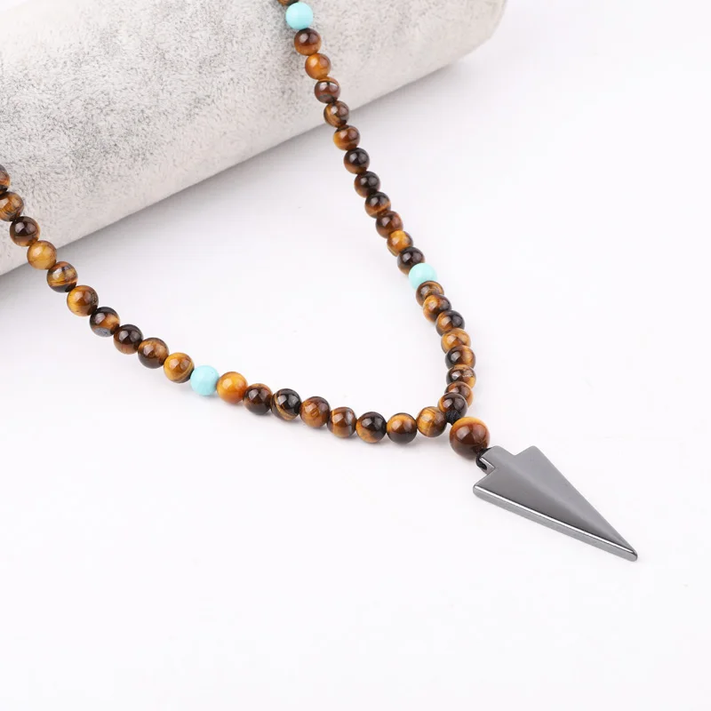 

High Quality 24 Inches New Design Natural Stone Tiger Eye Beads Hematite Triangle Charm Pendant Necklace For Men