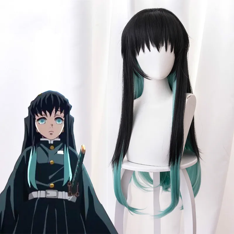 

Anime Demon Slayer Tokitou Muichirou Kasumi Black Gradient Blended Green Long Hair Cosplay Wigs