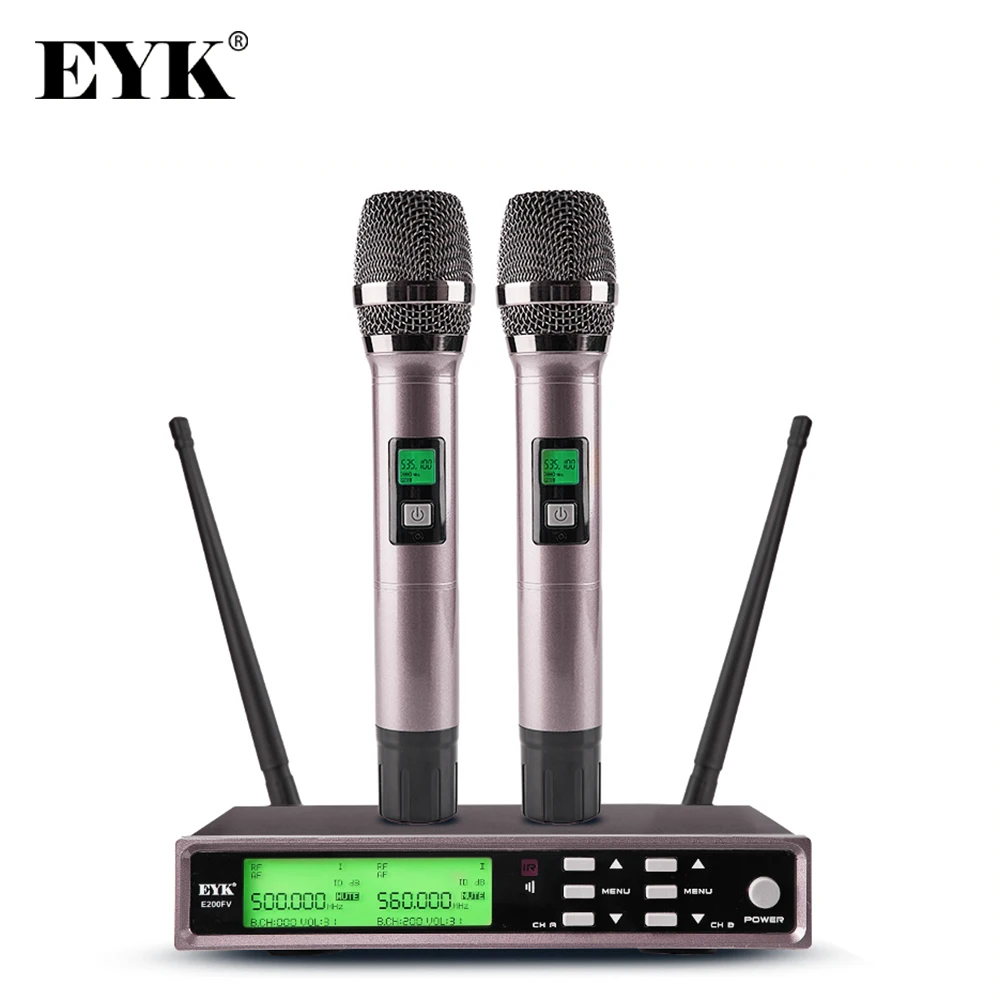EYK E200FV UHF Wireless Microphone with Treble Bass Echo Effect Full Metal Karaoke Dual Handheld Mic 200 Adjustable Frequency