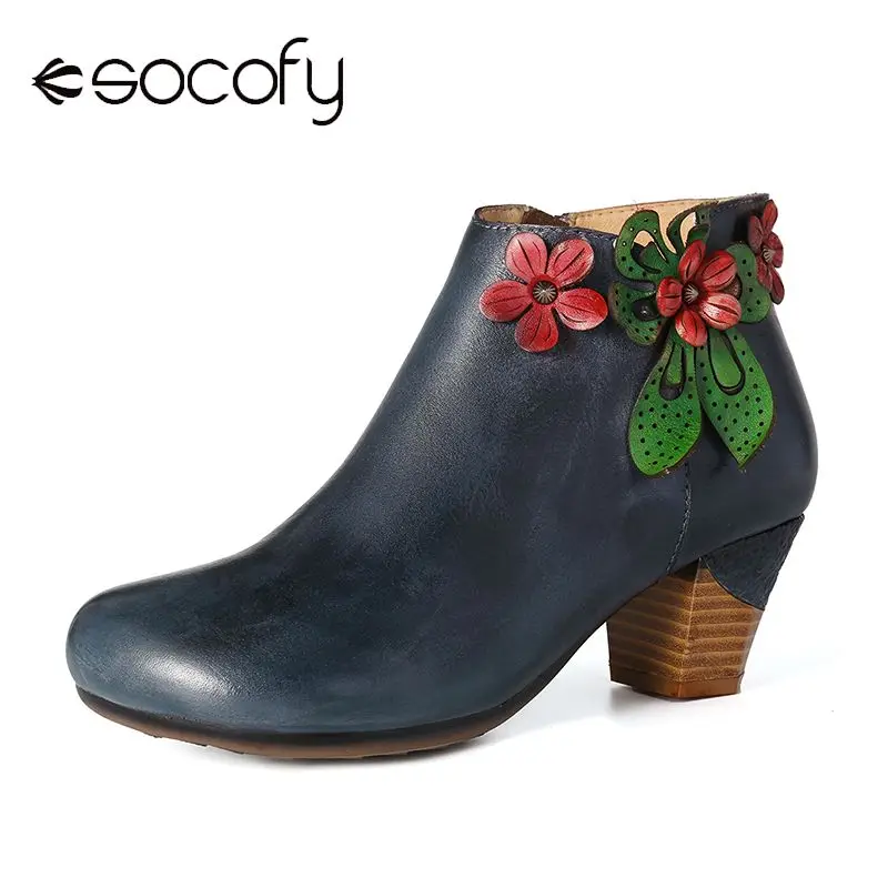

SOCOFY/ботинки в стиле ретро; Botas mujer; Простые темно-синие полусапожки из натуральной кожи с красным цветком на высоком каблуке; Элегантная женс...