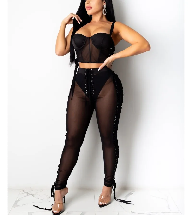 

women lace up pants sexy black see through mesh leggings night club two pieces set