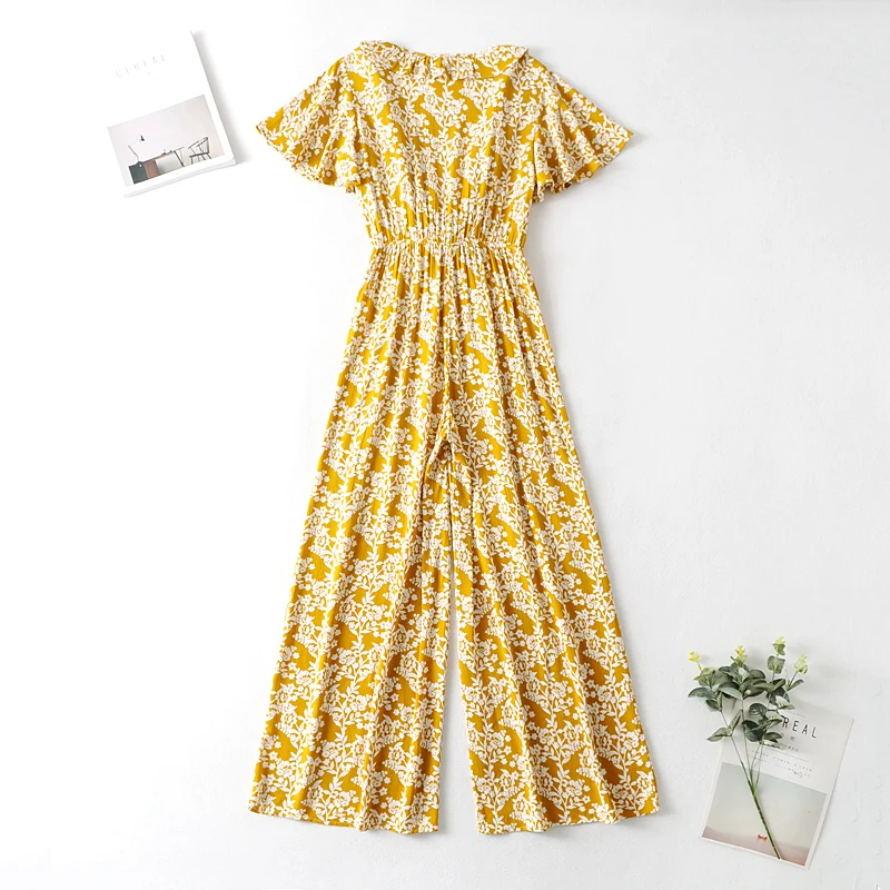 

2020 Sexy V-Neck Button Lace-Up Jumpsuit Summer Short Sleeve Loose Playsuit Overalls Women Elegant Leopard Print Pocket Rompers