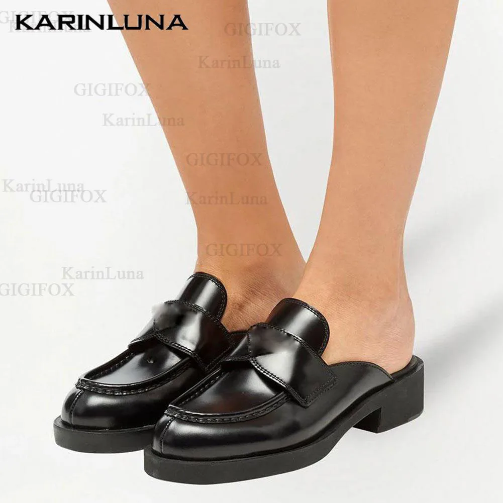 

KarinLuna fashion Split Leather Comfy Walking Chunky Heels Trendy Slipper Black White Loafers Pumps Woman Mules Shoes Sandal
