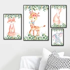 Скандинавский слон, искусство на стену, зеленые листья, животные, лиса, кролик, живопись на холсте, настенные картины, декор для детской комнаты