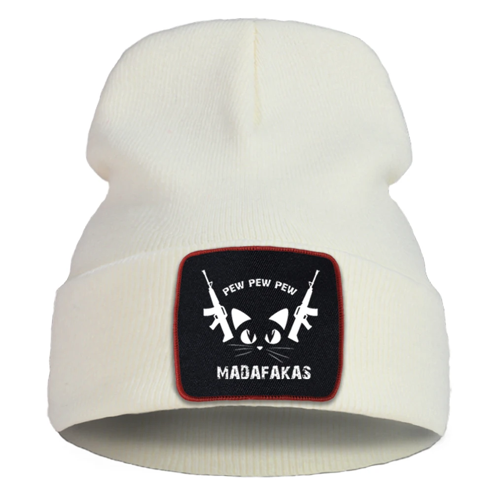 

Pew Pew Pew Madafakas Funny Cat Beanie Women Hats Cotton Warm Knitted Caps Outdoor Street Skullies Hat Cartoon Simple Bonnet Cap