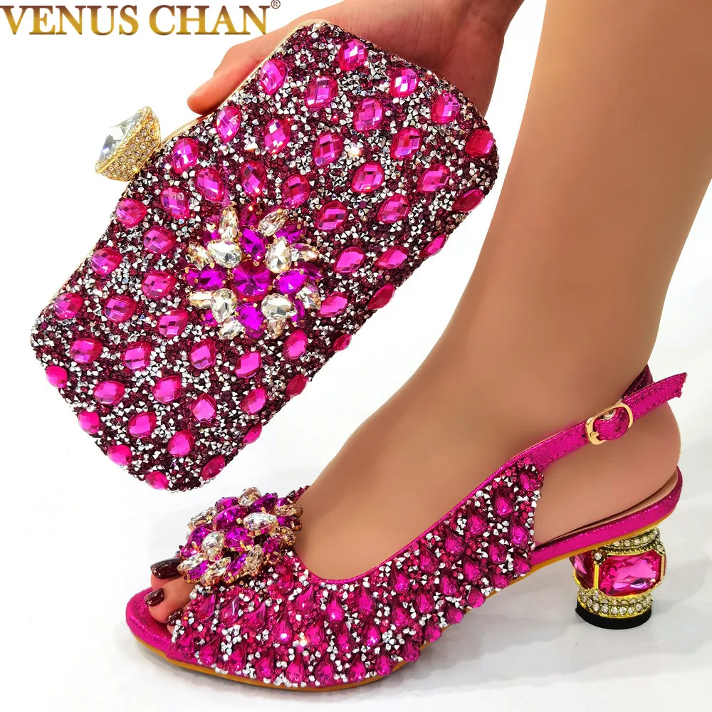 

New Arrival Shinning material Ladies Shoes and Bag Set Handmade styling Women Shoes and Bag Set for Luxury Fuchsia color
