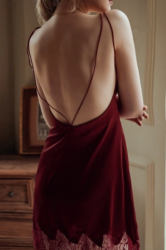 Красная Сексуальная женская летняя ночная рубашка одежда для сна шелковая