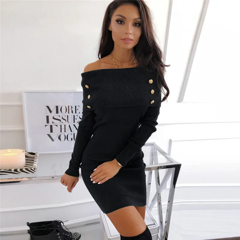 Женское платье модное сексуальное с открытыми плечами на пуговицах облегающее