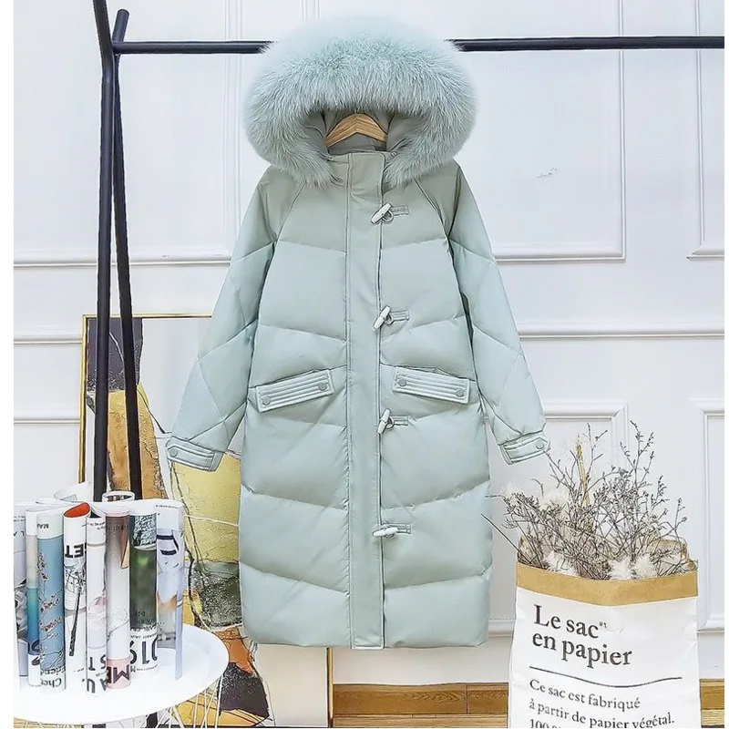 

Winter Down Jacket Women 2022 Long Knee Big Real Fur Hooded Hat Elegant Office Lady Temperamental Warm Horn Buckle Zipper Coat