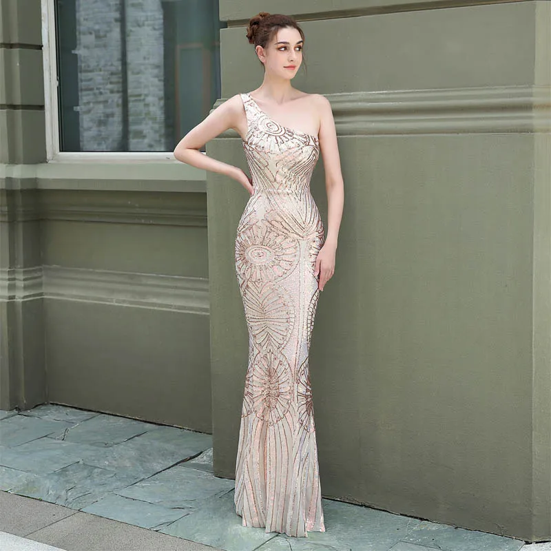 

Evening Dress Simple Sequins Sleeveless Floor-Length One-Shoulder Elegant Pleat Mermaid Plus size Women Formal Party Gown C529