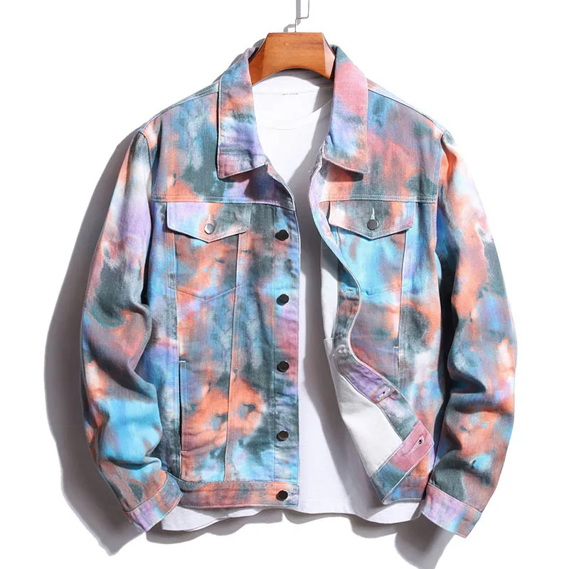

KIOVNO Hip Hop Tie Dye Casual Denim Jackets Printed Streetwear Cotton Jeans Coats For Male Spring Autumn