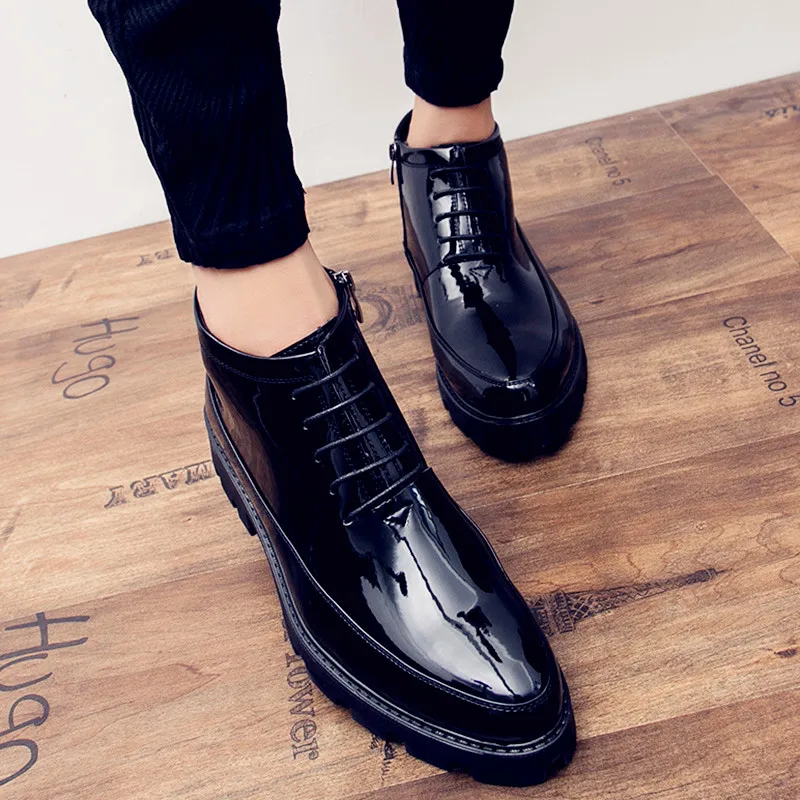 

Ботинки мужские из лакированной кожи, на скрытом каблуке 6 см