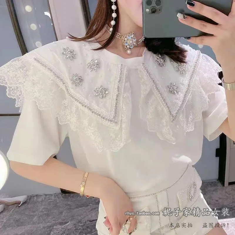 

2021 Summer New Cotton Stitching Beaded Lace Doll Collar Sweet T-shirt Women's Short-Sleeved Pink Top Tee Plus Size Clothes