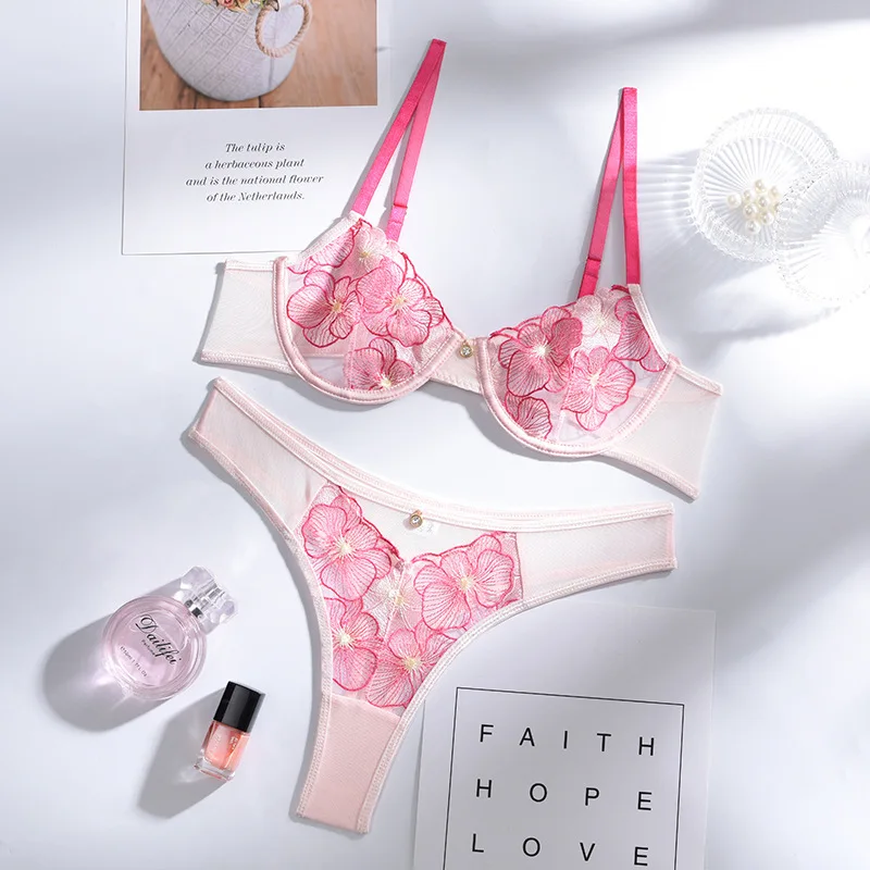 

Sexy Women Underwear Lingerie Set Lace Flower Embroidery 2 Pieces Nightwear Hollow Out Corset Lingerie See Through Bra and Panty
