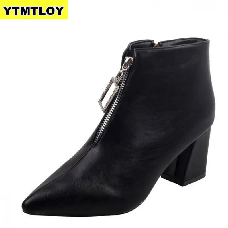 Brand Zipper Boots Woman Front Big Open Botas Mid-Calf Botines Winter Thick High Heels Patent Leather Martin Booties
