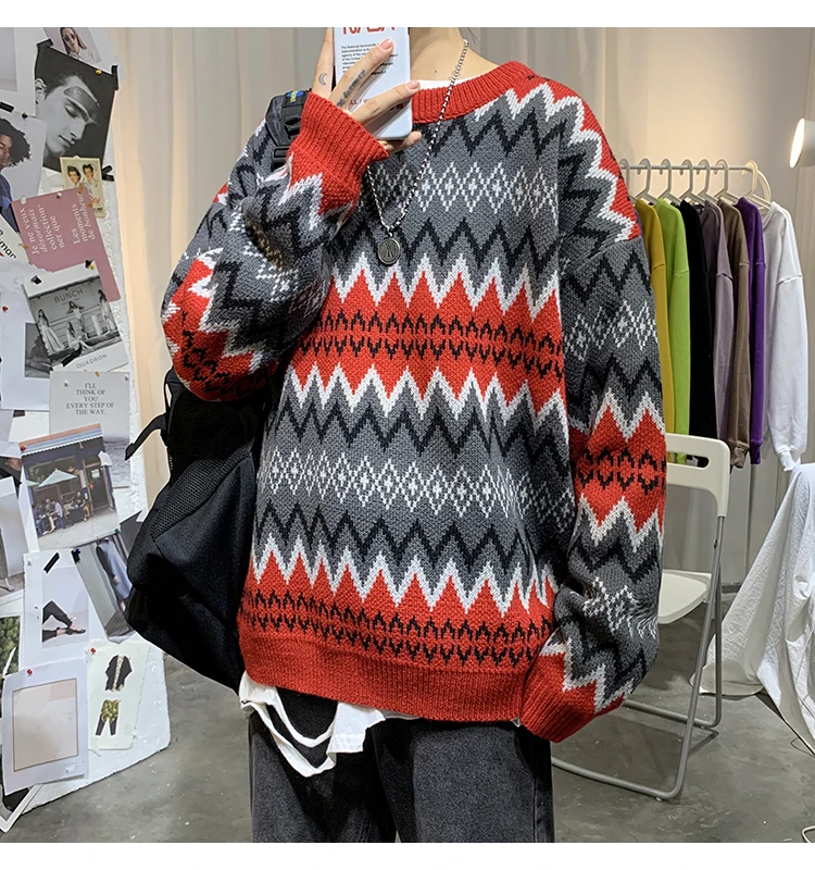 Sweater Men's Warm Fashion Contrast Color Casual Retro O-neck Knit Pullover Men Loose Knitting Sweaters Male Sweter Clothes